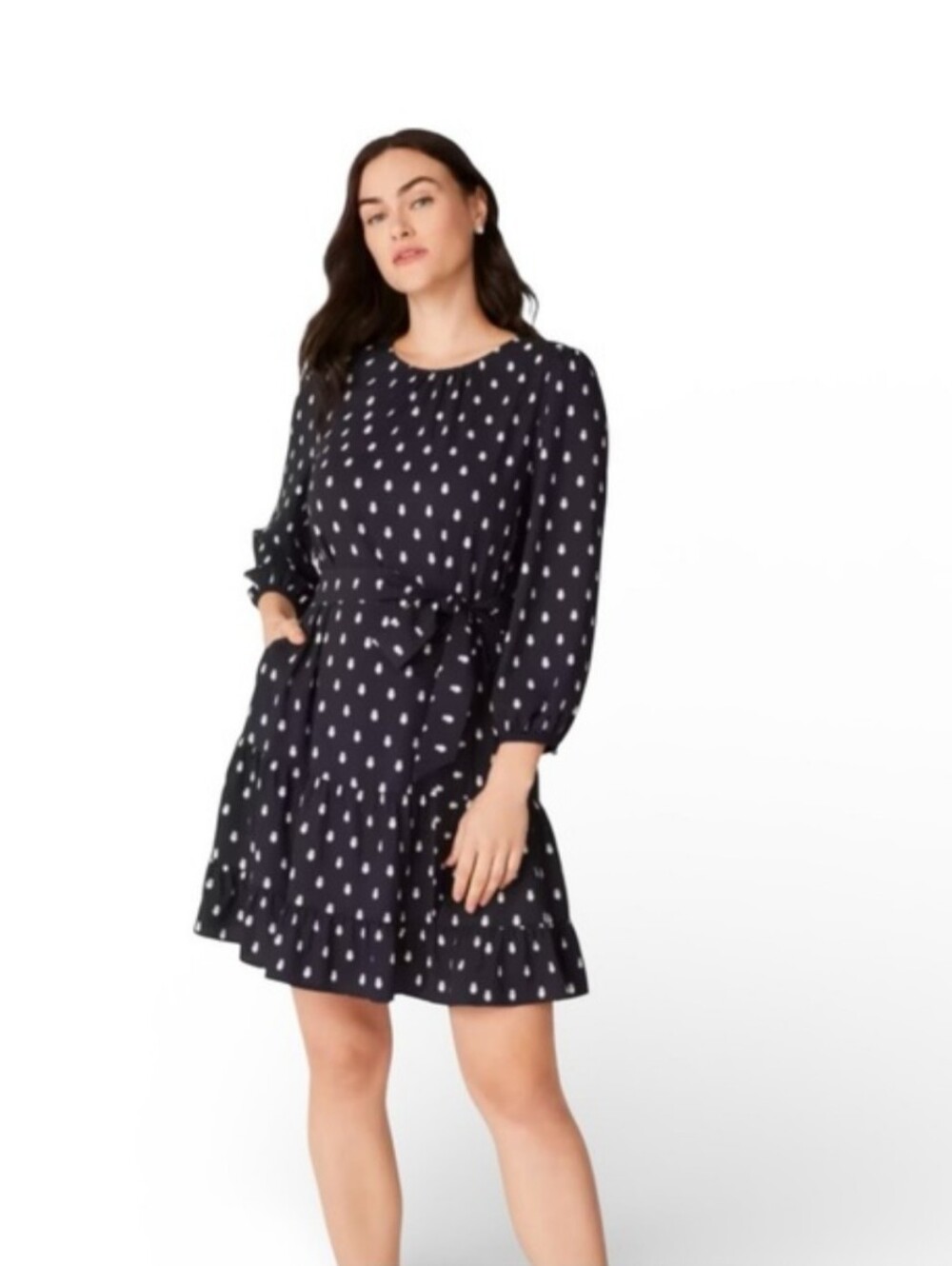 Kate Spade Navy and White Owl Print Dress Dropped Waist With Ruffle Size Medium